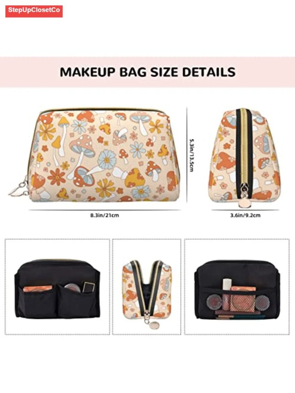 Boho Retro 70s Hippie Mushroom Large Travel Makeup Bag Waterproof Vegan Leather